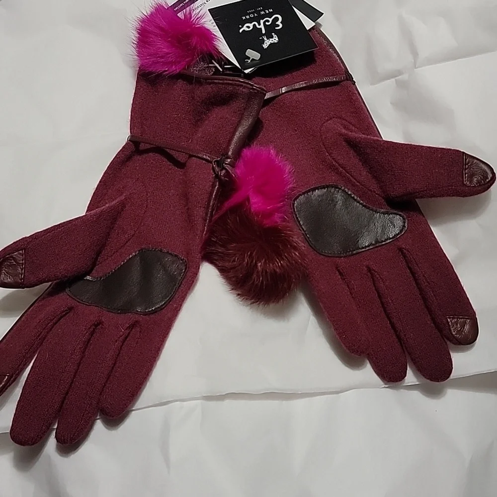 Nwt Echo Leather Cashmere Wool Colorblock Fur Pom Pom Gloves Maroon Pink